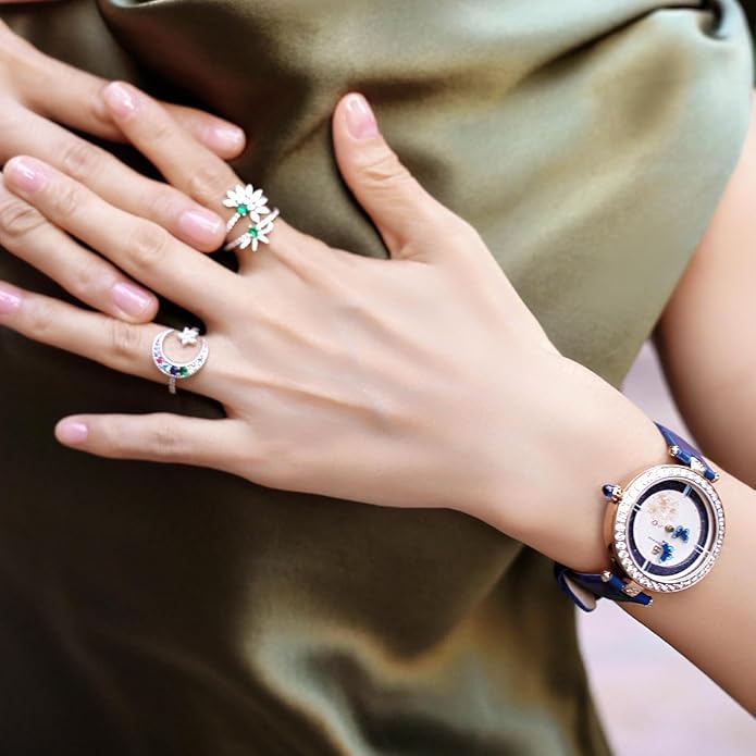 Women's Watch Butterfly Watches for Women Moving Butterflys Hands with Genuine Leather Strap Bee Watches for Women BLACK BY BLUE BRAVE Butterfly Lovers, Sapphire Crystal Glass combining Cubic Zirconia Stones and 3.5mm Synthetic Crystal Women's Wrist Watch