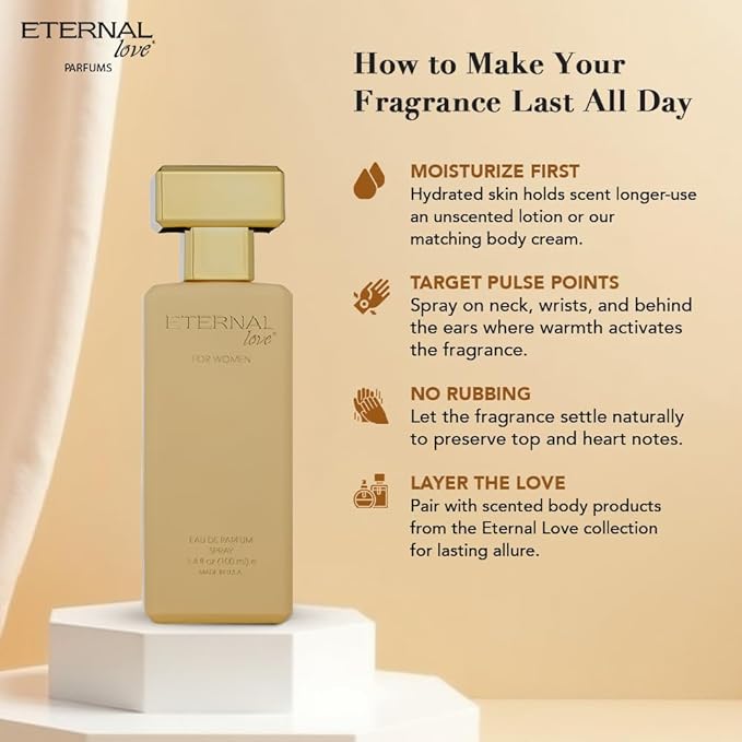 Eternal Love for Women - Long Lasting Eau de Parfum Spray - Premium Floral Fragrance with Peach & Sandalwood - Soft Feminine Scent - 3.4oz