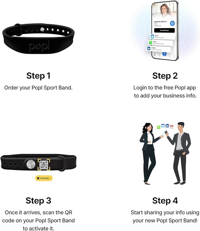Popl Silicone Sport Band Digital Business Card Bracelet - Adjustable Waterproof NFC Wristband w/Instant App-Free Sharing - Wearable Tap Bracelets Compatible w/iPhone & Android (Black on Black)
