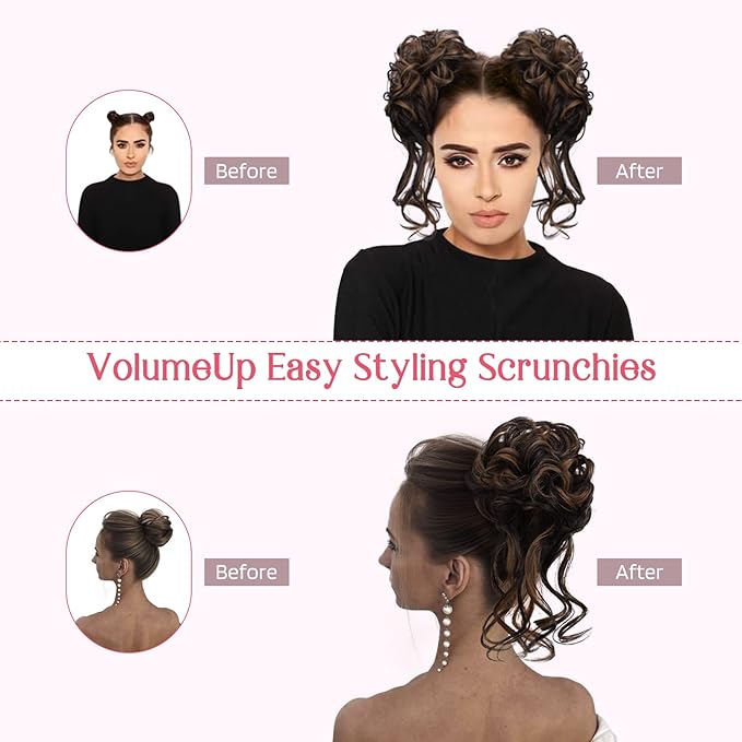 HOOJIH Messy Bun Hair Piece, 2PCS Tousled Updo with Tendrils Bun Extensions Wavy Curly Hair Wrap Ponytail Hairpieces Thick Scrunchies for Women HB010 Dasiy - Light Brown with Golden Ends