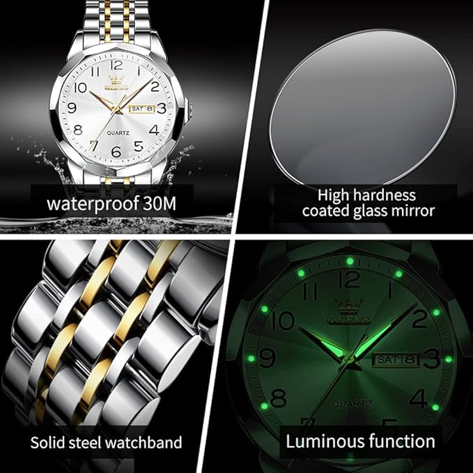OLEVS Watch for Men Women Large Face Unisex Diamond Luxury Dress Analog Quartz Stainless Steel Waterproof Luminous Date Business Casual Wrist Watch
