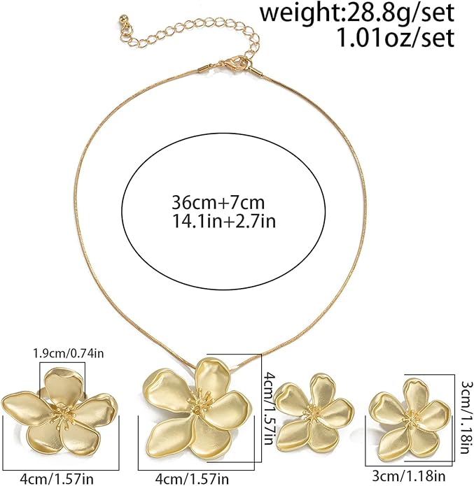 GYRMMUE Vintage Gold Flower Necklace Earrings,Large Flower Necklace Rings Earrings Set Statement Five-Petal Flower Necklace Chunky Floral Earrings Rings Jewelry for Women