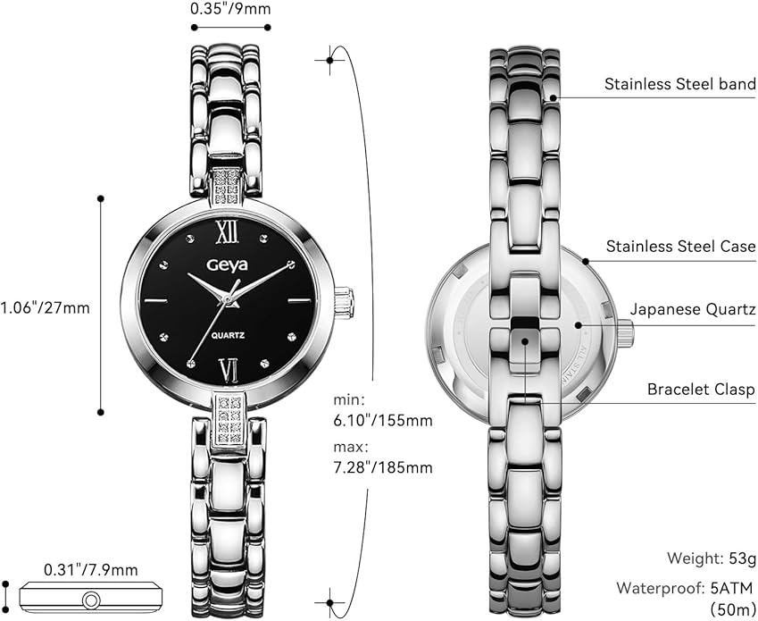 GeYa Silver Watch for Women Elegant Dressy Watch, Dainty Diamond Dial Stainless Steel Bracelet, Japanese Quartz Movement, 5ATM Water Resistant, Ideal for Petite Wrist, Gift Ready
