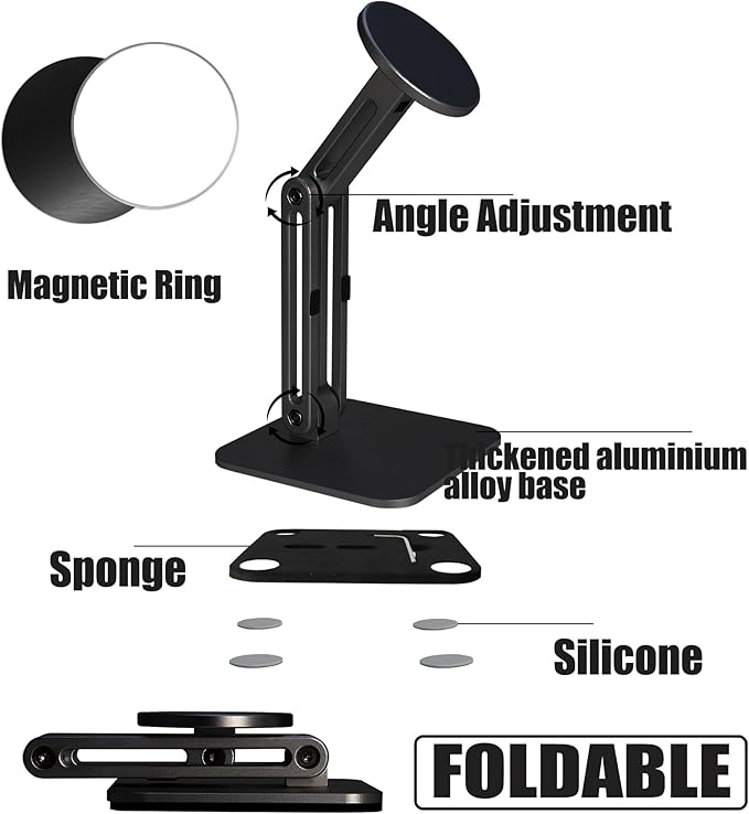 Magnetic Phone Stand for Desk, Heightened & Adjustable & Foldable Metal Magnetic Phone Holder Stand for Desk/Office/Home, Compatible with iPhone 12-17All Series/Mag Safe Case (Black
