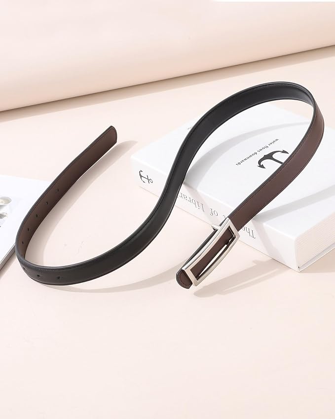 AWAYTR Women Reversible Leather Belt - Two-in-One Women Fashion Skinny Belt for Jeans with Golden Buckle