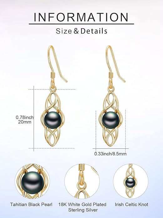 Tahitian Black Pearl AAAA 18K Gold Plated Sterling Silver Dangle Drop Earrings for Women Wife Mom Girlfriend Valentine Her Jewelry Gift for Anniversary Birthday Christmas