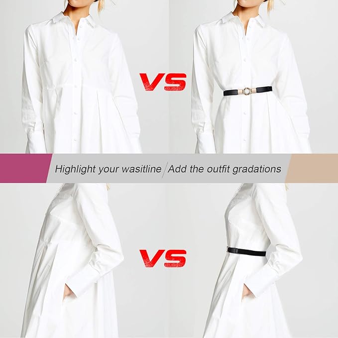 WERFORU Women Skinny Belt for Dresses Retro Stretch Waist Belt with Gold Buckle Set of 4