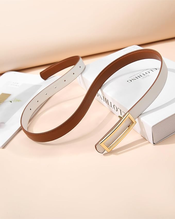 AWAYTR Women Reversible Leather Belt - Two-in-One Women Fashion Skinny Belt for Jeans with Golden Buckle