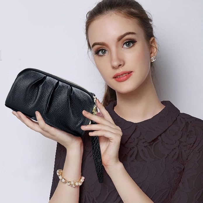 Genuine Leather Wristlet for Women, Ruched Clutch Wallet Purse, Compact Ladies Wristlet with Card Slots