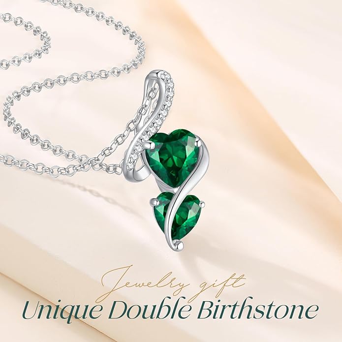 LOUISA SECRET Unique Double Heart Necklace Gifts for Wife Women, 925 Sterling Silver Tiny Birthstone Pendant Jewelry Gift for Her Girlfriend Mom Valentine's Day Anniversary Mother's Day Birthdays & Christmas