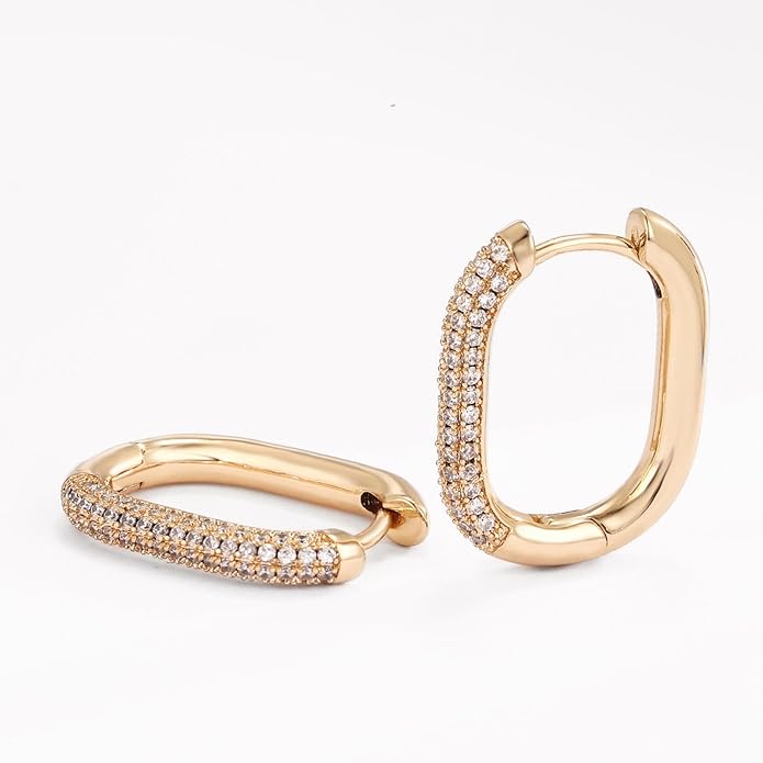 14K Gold Plated Cubic Zirconia Hoop Earrings,Three Row Diamon | Arrows | Double Row of Diamonds Huggie Earrings for Women