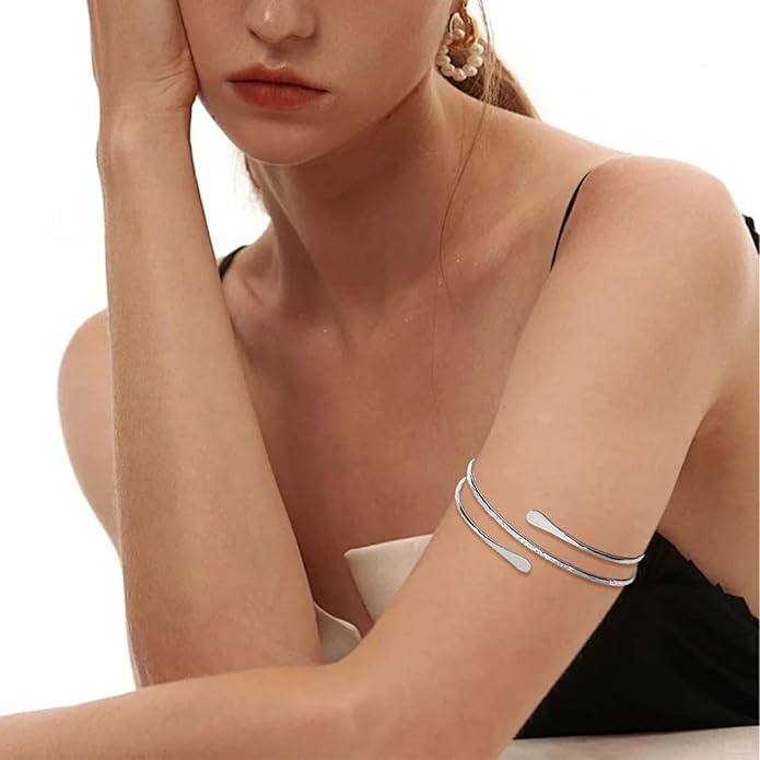 BROCC 2PCS Gold Coil Swirl Upper Arm Bracelet for Women Open Upper Arm Cuff Bangle Armlet Gold Silver Adjustable Armband Bracelet Set