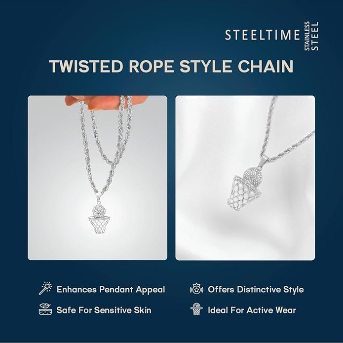 Basketball Necklace - 18K Plated Basketball Chain with Hoop for Men, Women, Teens - Gold, Silver & Black Color Options - Stainless Steel Sports Pendant with Simulated Diamond CZ Stones