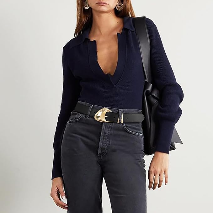 Women's Brown Belt Trend Belt with Gold Buckle Fashion Leather Waist Belt for Jeans Pants