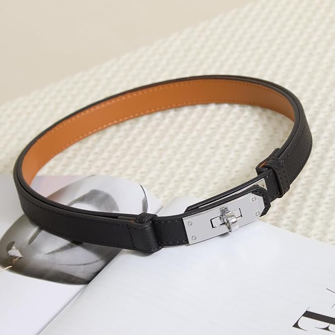 Skinny Leather Belts for Women with Adjustable Silver Turn-Lock Buckle for Dresses Jeans and Pants