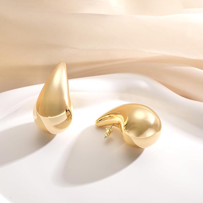 Apsvo Chunky 14K Gold Plated Hoop Earrings for Women, Lightweight Waterdrop Hollow Open Hoops, Hypoallergenic Dupes Earrings