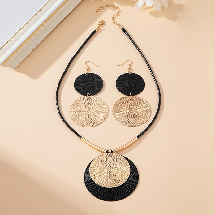 YOOESTORES82 Gold Disc Pendant Necklace Earrings Set Leather Cord Black Circle Statement Necklaces Geometric Textured Medallion Jewelry For Women Party Fashion