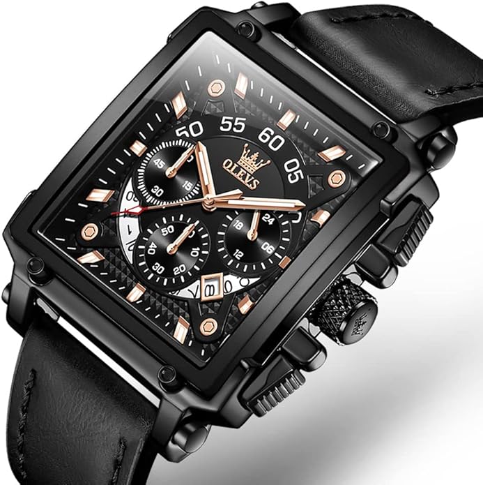OLEVS Men's Casual Leather Watch, Big Face Chronograph Watch for Men, Fashion Easy to Read Dress Watch, Men's Waterproof Luminous Date Analog Watch, Gold/Black/White/Blue Dial