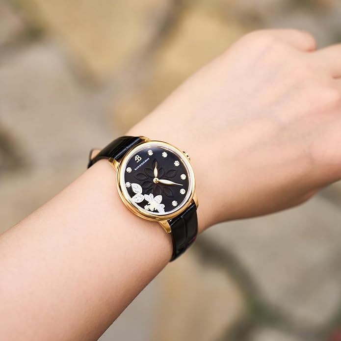 Womens Watch Bee Watches for Women Moving Bees Between Double Sapphire Glass with Genuine Leather Strap Luminous Hands and Trendy Watch with 12 Genuine Diamonds Rose Gold Mesh Band 28mm