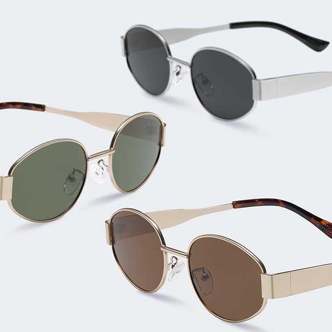 livho Retro Polarized Sunglasses - UV400 Protection, Oval Shape, Metal Frames - Matching Soft Case Inlcuded