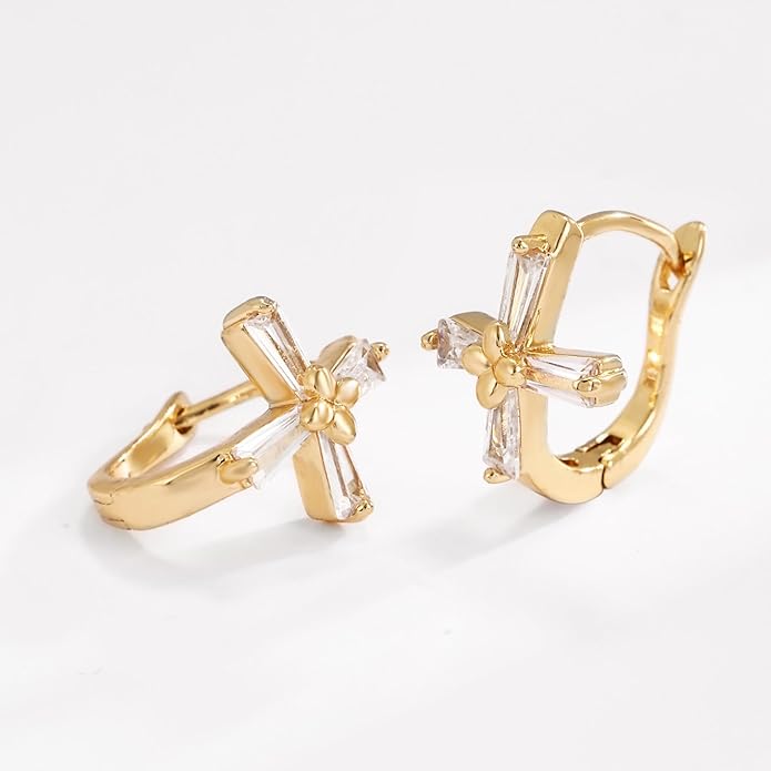 14K Gold Plated Cubic Zirconia Hoop Earrings,Three Row Diamon | Arrows | Double Row of Diamonds Huggie Earrings for Women