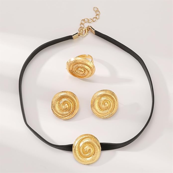 coadipress Spiral Earrings Necklace Sets for Women Geometric Round Swirl Statement Earrings Minimalist Trendy 14K Gold Plated Round Spiral Leather Necklace Bohemia Charm Jewelry