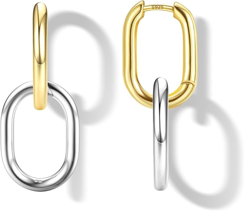 18K Gold Plated Two Tone Gold Silver Hoop Earrings for Women Hypoallergenic - 925 Sterling Silver Drop Dangle Paperclip Huggie Hoop Earrings - Chain Link Dangle Earrings Jewelry