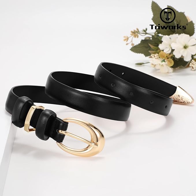 TRIWORKS Women Leather Belt for Jeans Pants Fashion Ladies Skinny Faux Leather Dress belt with Gold Buckle