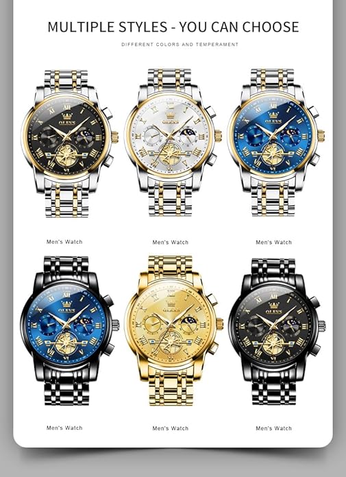OLEVS Watches Men Waterproof Luxury Big Face Mens Watch Stainless Steel Quartz Analog Dress Watches for Men Luminous Multifunction Man Watch Relojes De Hombre
