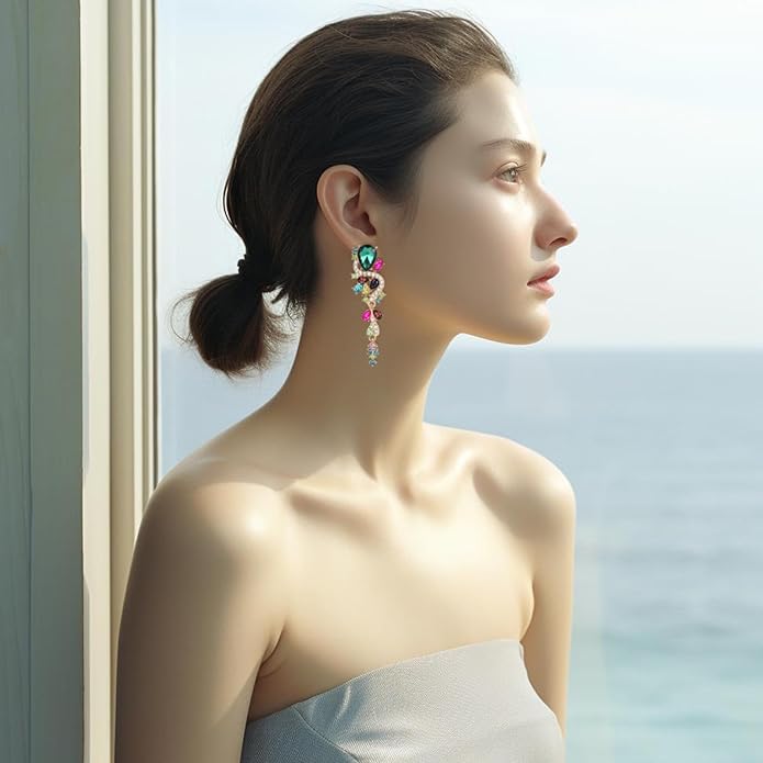 Fashion Rhinestone Statement Drop Dangle Earrings Long Colorful Crystal Bridal Wedding Teardrop Chandelier Earrings for Women Prom Pageant