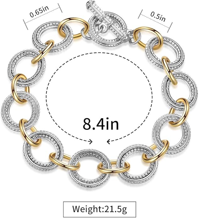 Mytys Chunky Chain Link Bracelet Two-Tone Mixed Metal Textured Toggle Clasp Statement Bangle Bracelet Jewelry for Women Fashion