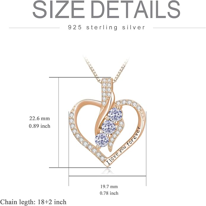 Rose Heart Birthstone Necklace for Women - Solid S925 Sterling Silver with Rose Gold Plated Infinity Symbol of Love Valentine's, Mother's Day, Anniversary, Christmas Birthday Gift for Her, Mom, Wife, or Girlfriend.