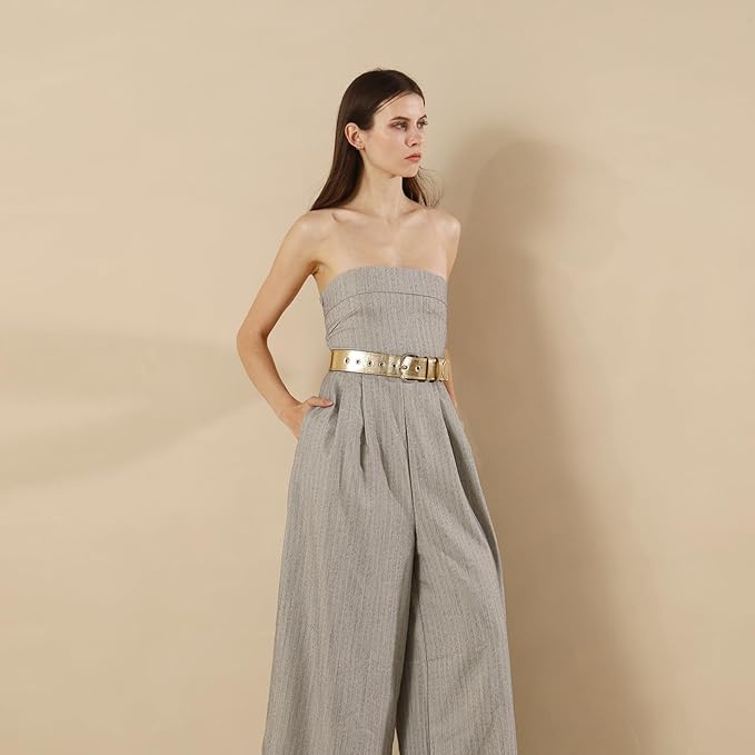 Women Casual Leather Gold Belt for Jeans Pants, Fashion Ladies Girls Gold Faux Leather Waist Belt