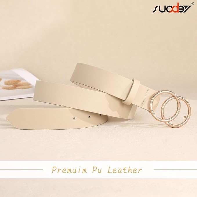 SUOSDEY Women Leather Belt Fashion Double O-Ring Soft Faux Leather Waist Belts For Jeans Dress