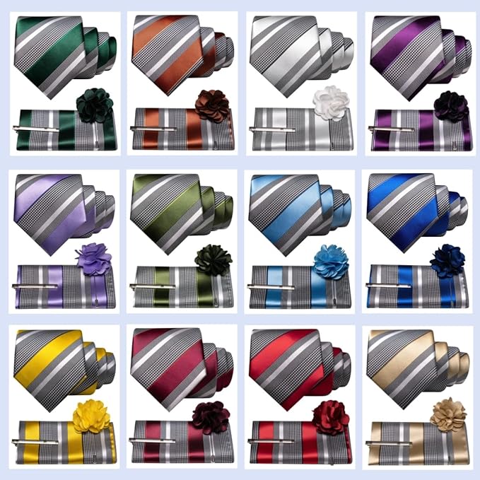JEMYGINS Mens Striped Tie and Lapel Pin Necktie Pocket Square and Tie Clip Sets for Business Casual 4PCS