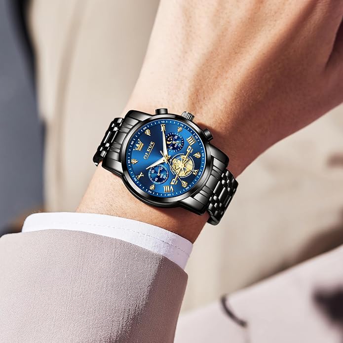 OLEVS Men Watches Stainless Steel Chronograph Watch, Large Wrist Analog Quartz Watch, Fashion Waterproof Diamond Roman Numerals Dress Watches for Men, Gold/Black/White/Blue/Grey Dial