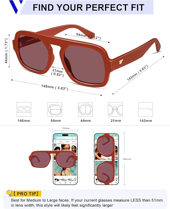 VANLINKER Oversized Retro Square Aviator Sunglasses for Women Men 70s Vintage Style Trendy Big Flat Top Sun Glasses VL9826