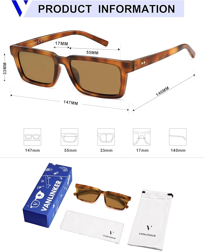 VANLINKER Retro Rectangular Polarized Sunglasses for Women Men Trendy Small Chic 80s 90s Square Sun Glasses VL9877