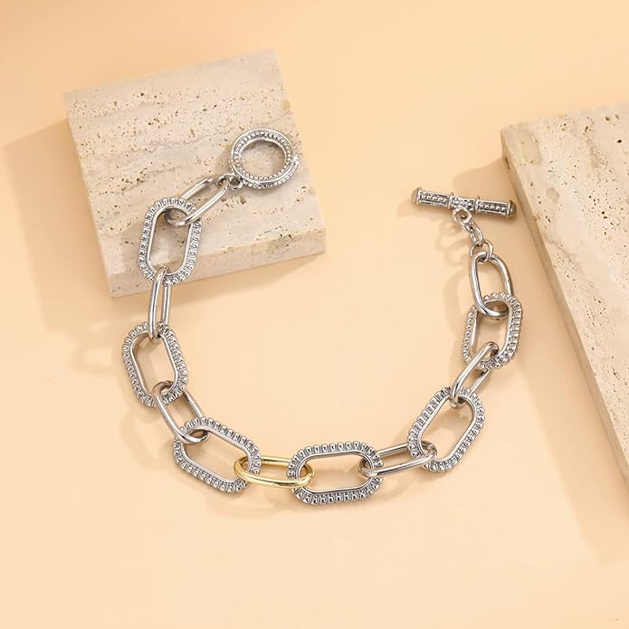 Mytys Link Bracelet for Women Gold and Silver 2 tone Circles Chain Wire Bangle Bracelets