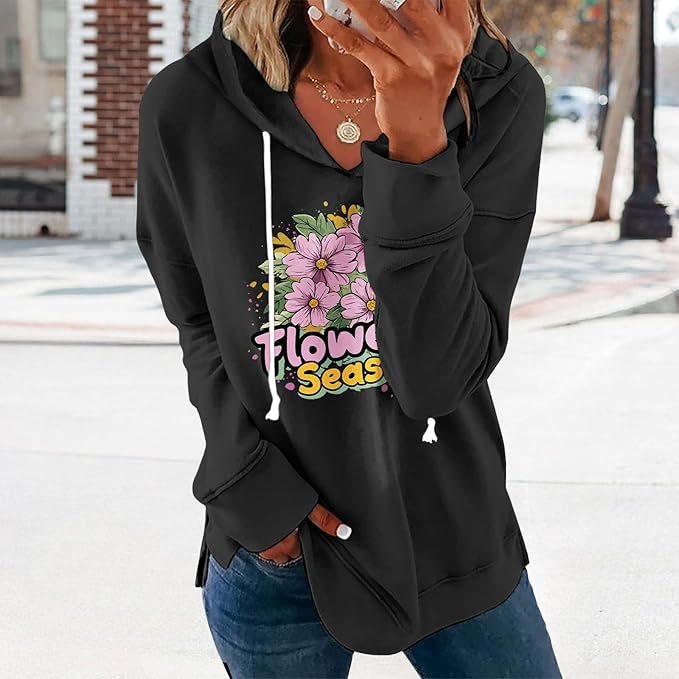 Womens Black Floral Print Hoodie Long Sleeve Cotton Blend Pullover Sweatshirt Loose Fit Casual Top For Everyday Wear