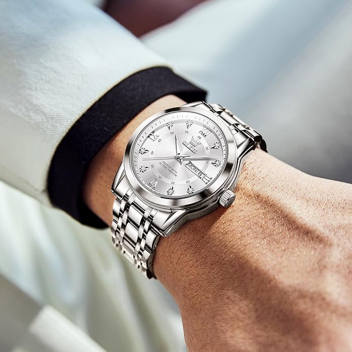 OLEVS Men's Stainless Steel Watch, Large Face Roman Numerals Diamond Accented Three-Hand Analog Quartz Watches for Men, Easy to Read Day Date Waterproof Luminous Mens Wristwatch