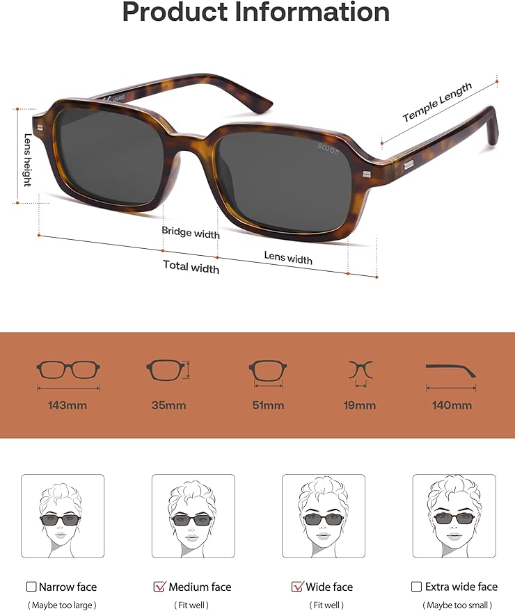 SOJOS Trendy Rectangle Polarized Sunglasses Womens Mens, Small Retro Fashion Thin Slim Square Sunnies SJ2610