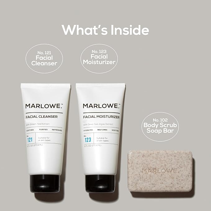 MARLOWE. Best Sellers Kit No. 203, Features Signature No. 102 Original Body Scrub Soap Bar, No. 121 Facial Cleanser & No. 123 Facial Moisturizer, Great Gift for Men