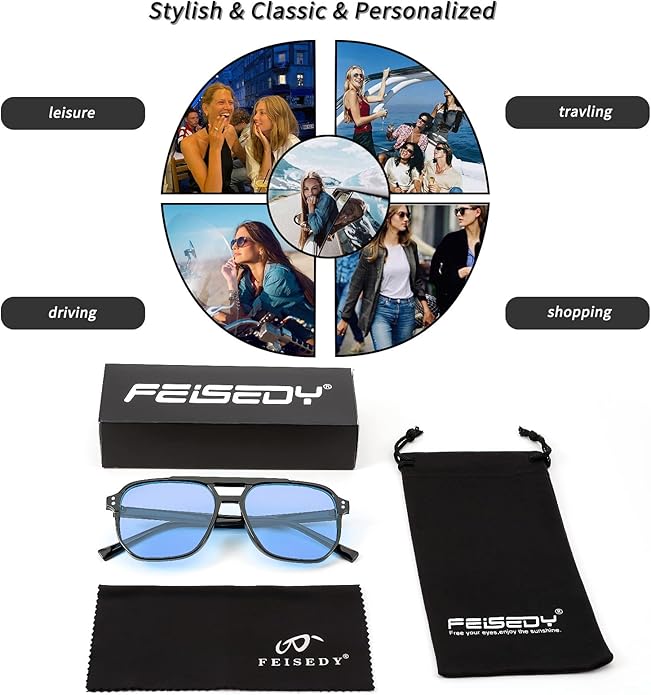 FEISEDY Retro Square Aviator Sunglasses Women Men 70s Vintage Trendy Plastic Frame Sun Glasses B2835