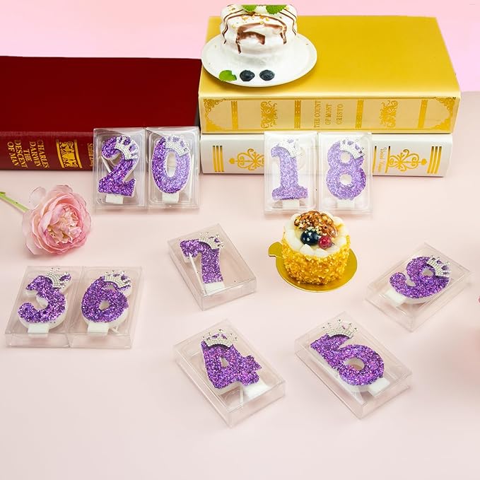 Purple Crown Birthday Candle, Glitter Number 9 Cake Topper With Sequins for Anniversary Celebrations Supplies