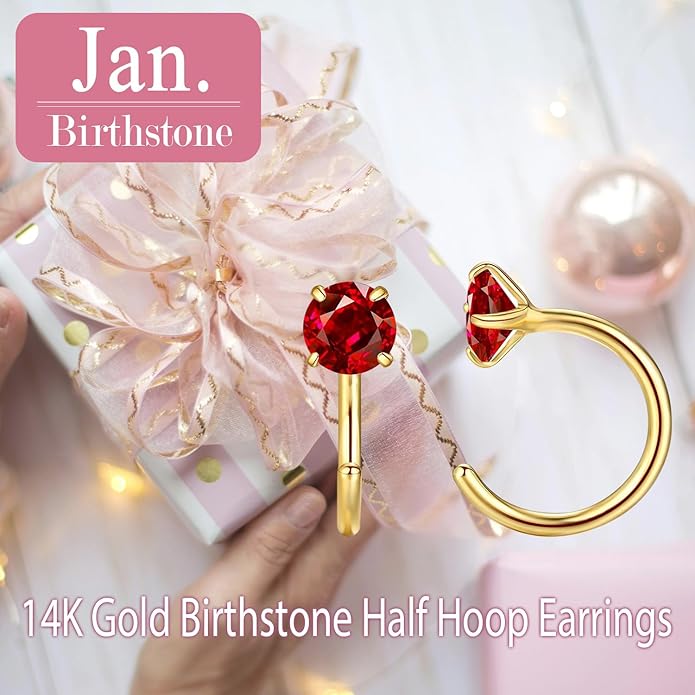 14K Gold Birthstone Huggie Half Hoop Earrings for Women,Round-cut Created Gemstone Minimalist Tiny Earring(4MM*2) Anniversary Birthday Mother's Day Jewelry for Mom Her