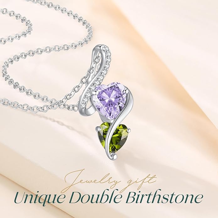 LOUISA SECRET Unique Double Heart Necklace Gifts for Wife Women, 925 Sterling Silver Tiny Birthstone Pendant Jewelry Gift for Her Girlfriend Mom Valentine's Day Anniversary Mother's Day Birthdays & Christmas