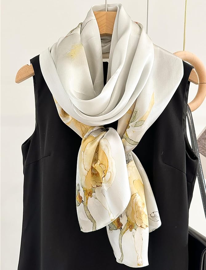 100% Mulberry Silk Scarfs for Women Floral Print Satin Long Scarf for Headscarf Hair Wraps Shawl with Gift Packed