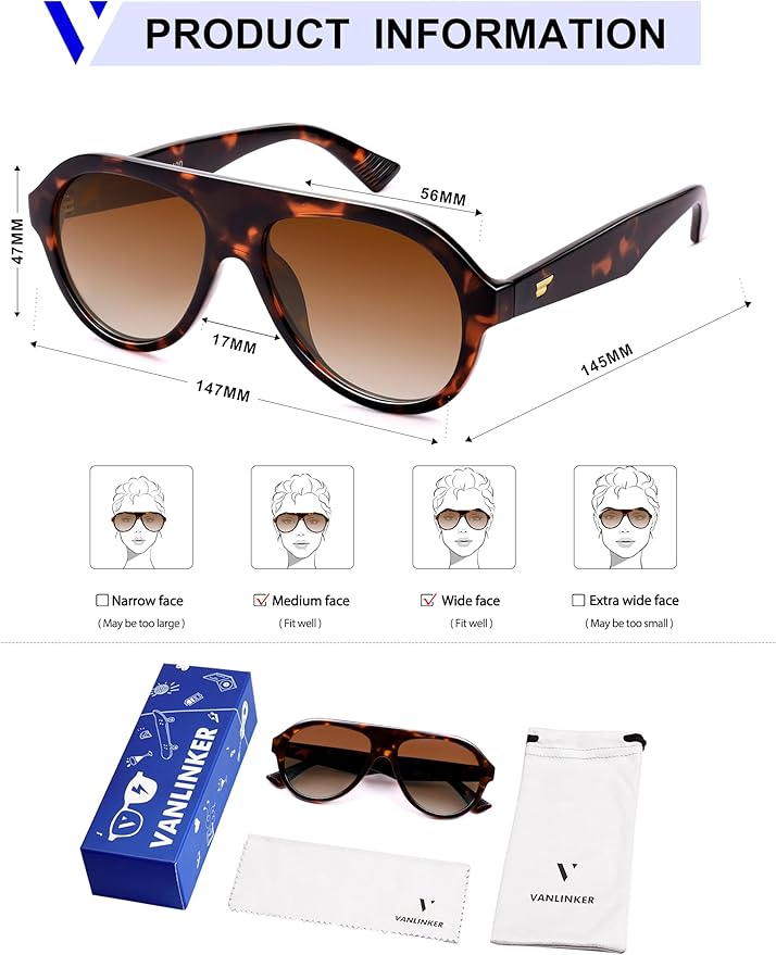 VANLINKER Retro Aviator Polarized Sunglasses for Men Women Trendy 70s Vintage Plastic Frame Sun Glasses VL9750