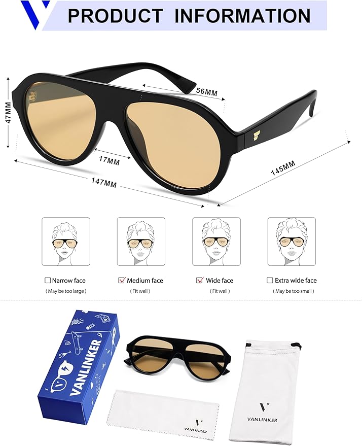VANLINKER Retro Aviator Polarized Sunglasses for Men Women Trendy 70s Vintage Plastic Frame Sun Glasses VL9750